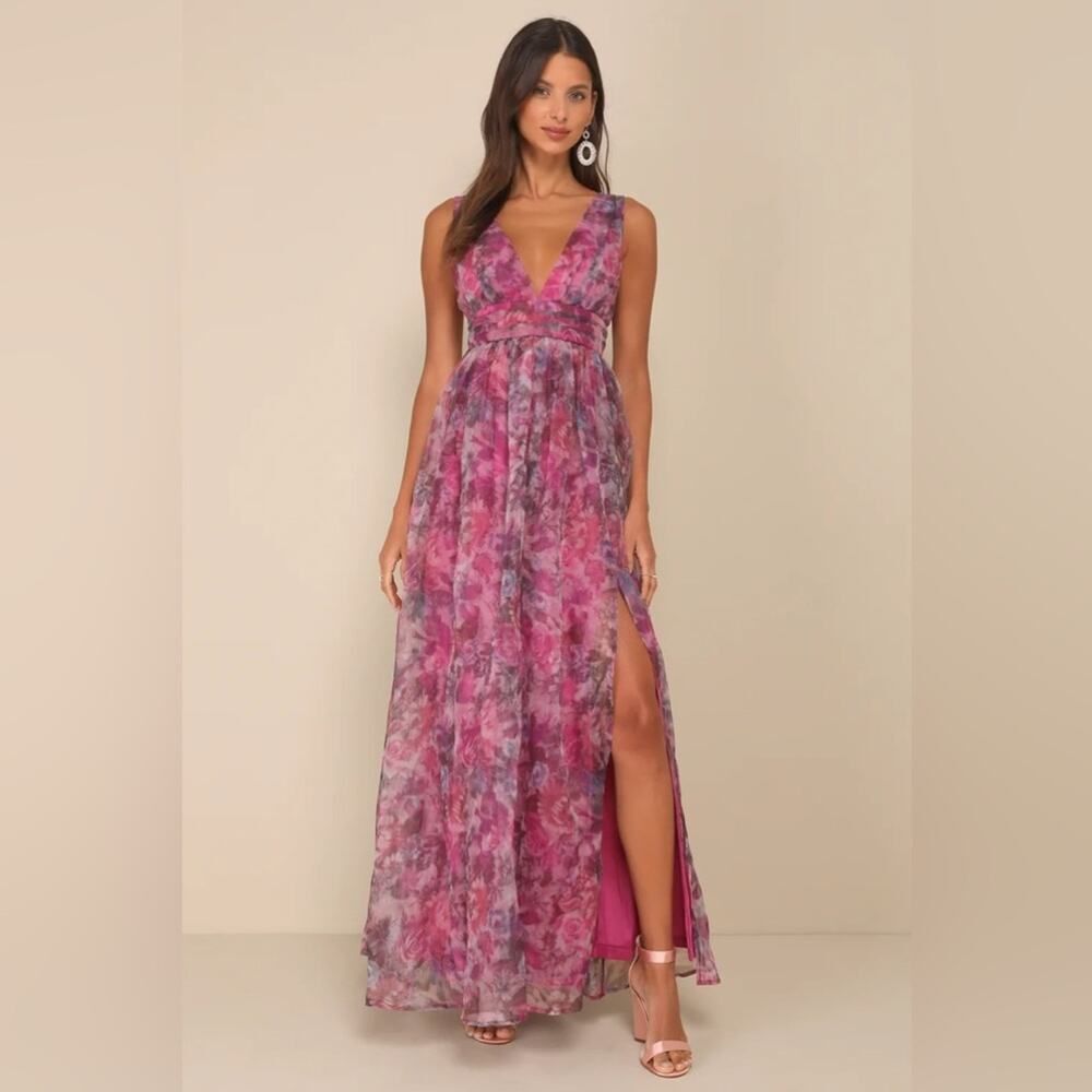 Lulus Garden Romance Magenta Floral Print Organza Maxi Dress